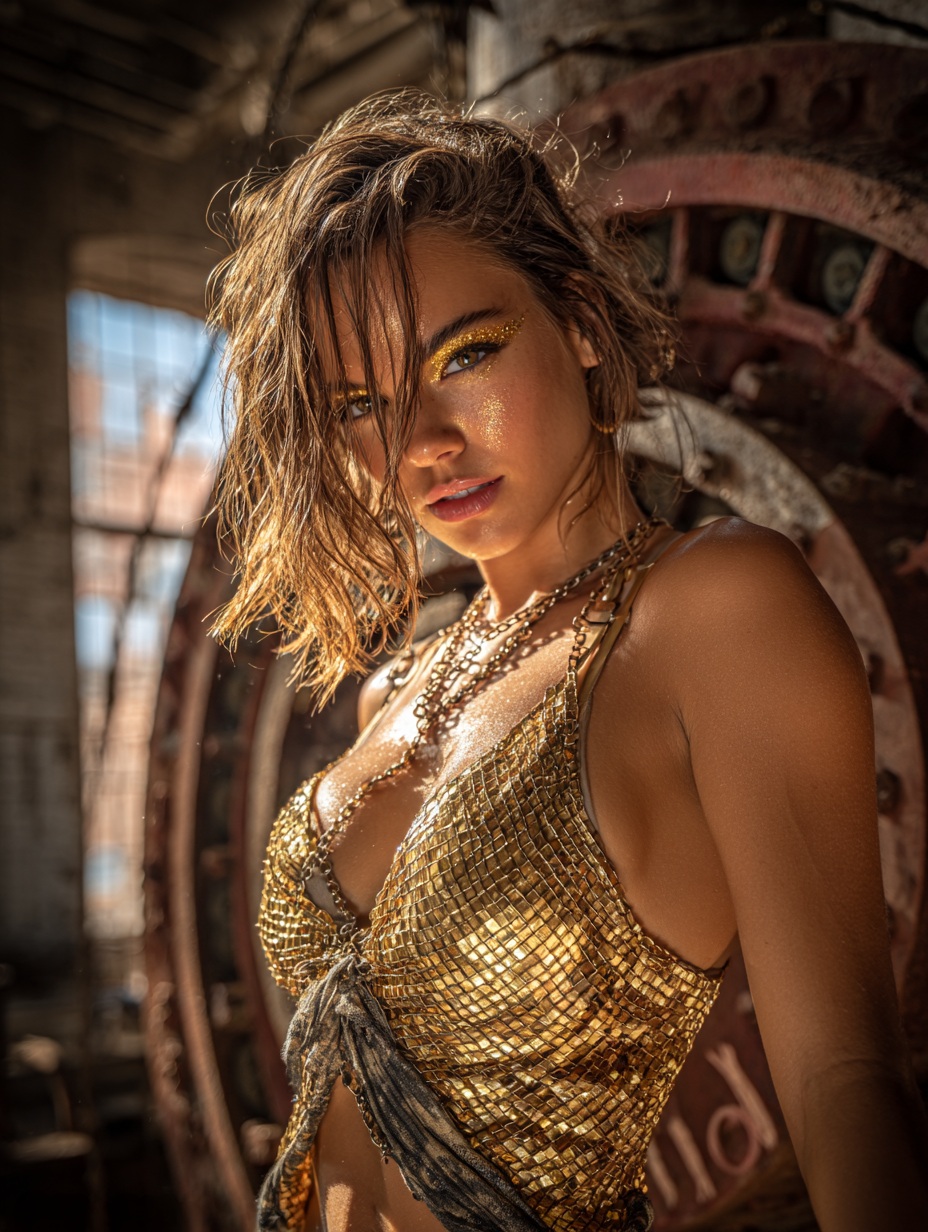 Golden Goddess in Derelict Turbine — AI generated image