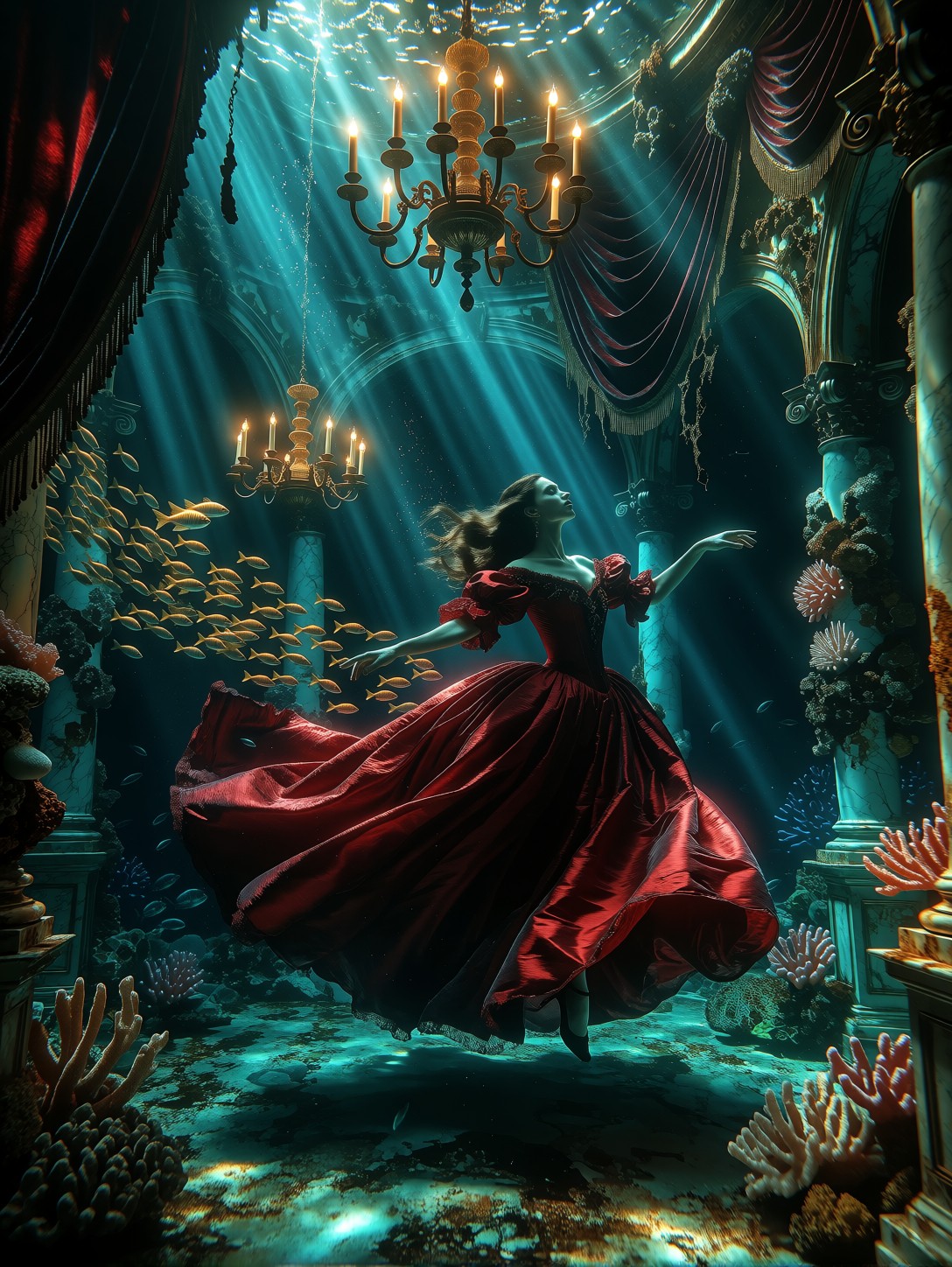 Floating Crimson Gown Inside Sunken Palace — AI generated image