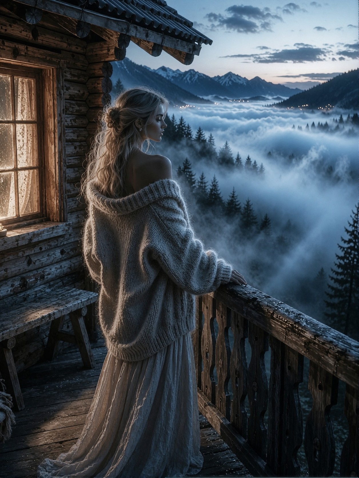 Woman On Misty Mountain Balcony — AI generated image