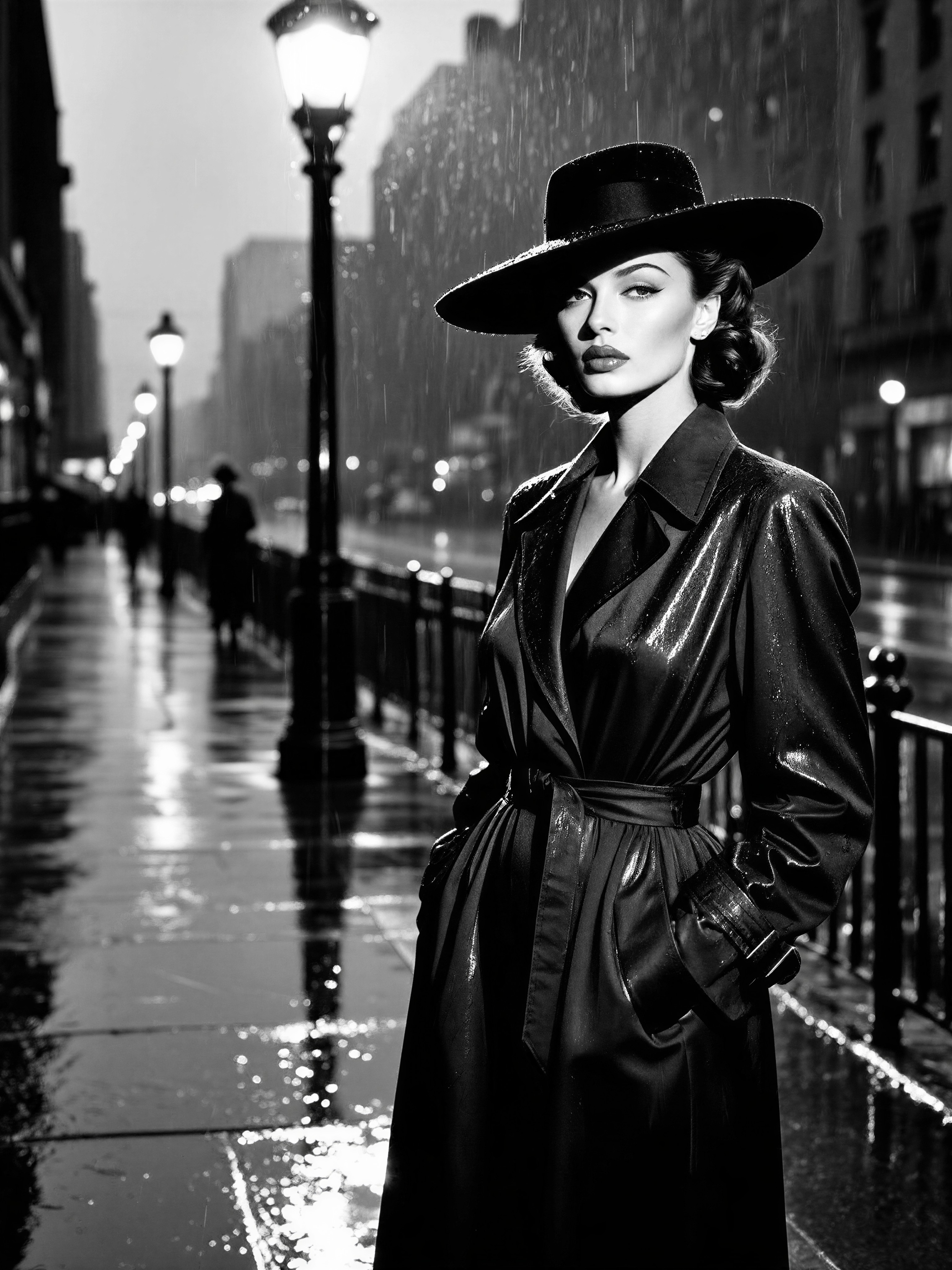 Mysterious Woman in Noir Rain — AI generated image