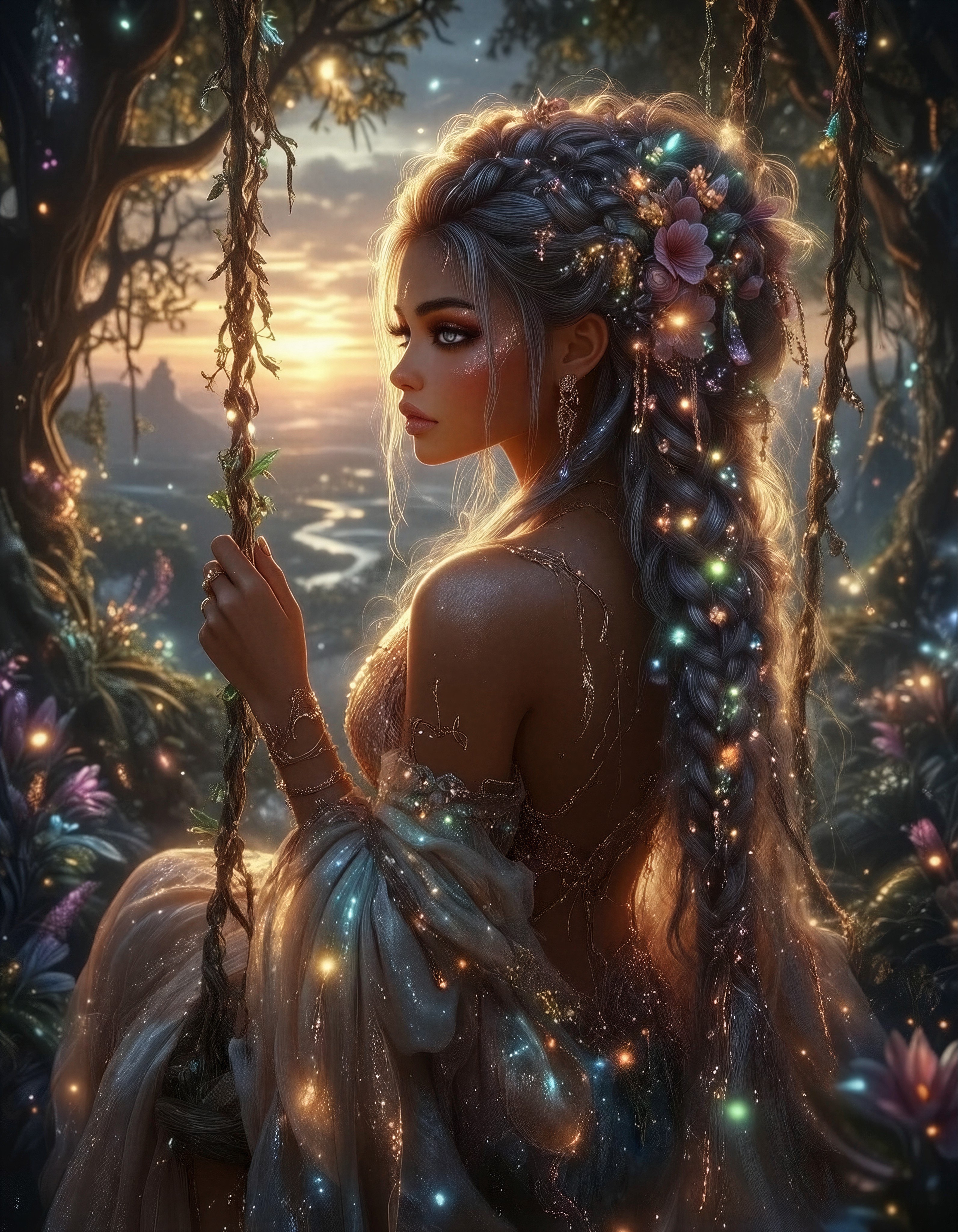 Ethereal Goddess on Glowing Swing — AI generated image