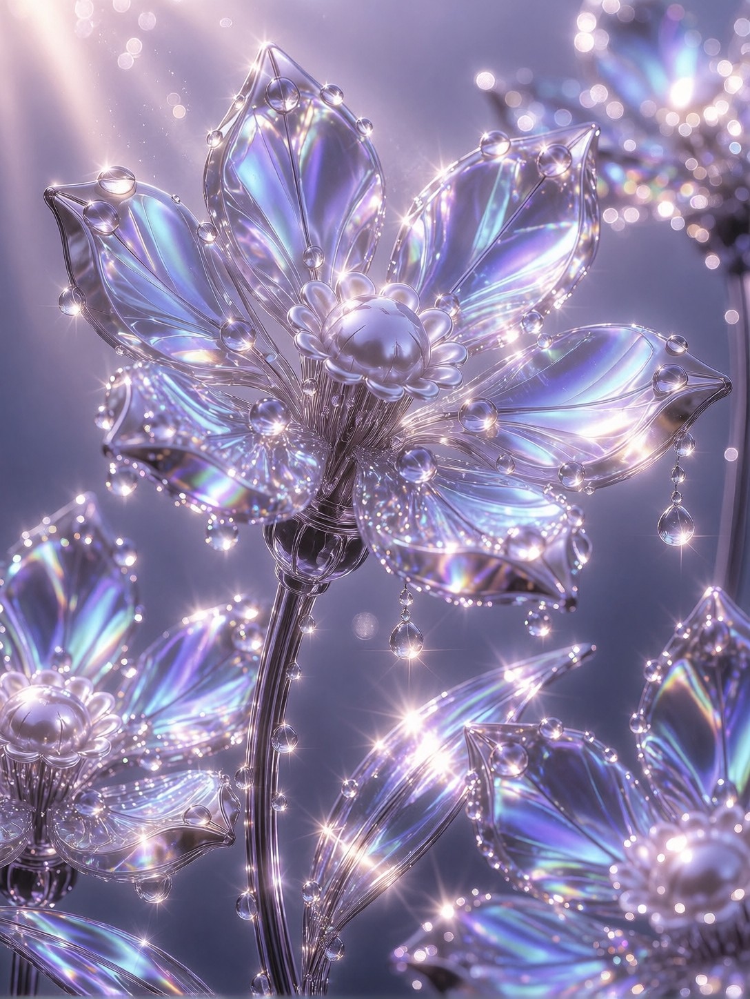 Delicate Iridescent Flowers In Lavender Mist — AI generated image