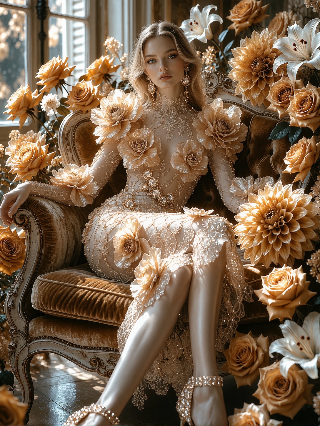 Elegant Model Amidst Golden Floral Waterfall — AI generated image