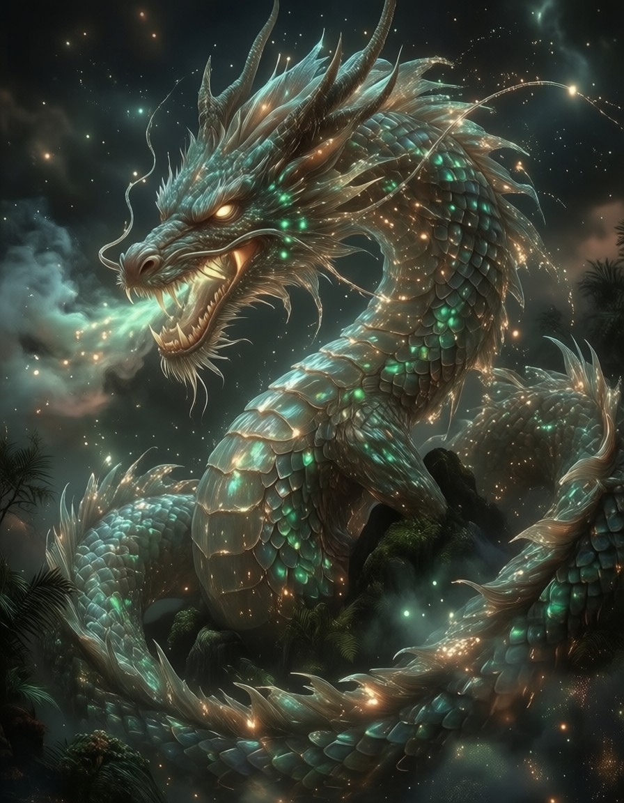 Bioluminescent Dragon Coiling Around Mountain — AI generated image