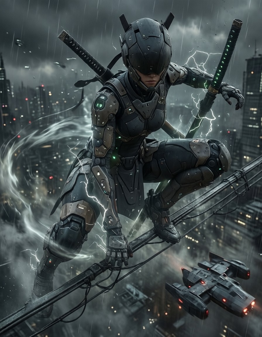 Cyborg Ninja on Power Line — AI generated image