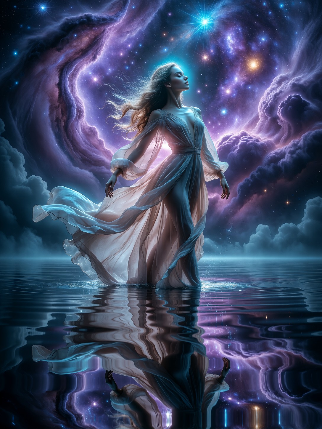 Graceful Dancer Reflecting Cosmic Purple Nebulae — AI generated image