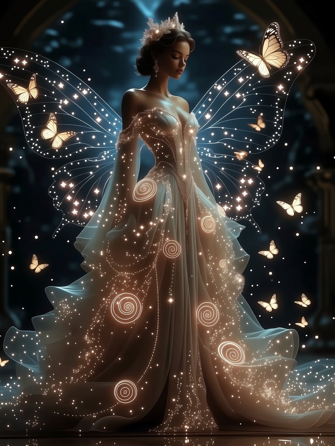 Ethereal Figure in Luminous Gown with Celestial Butterflies — AI generated image