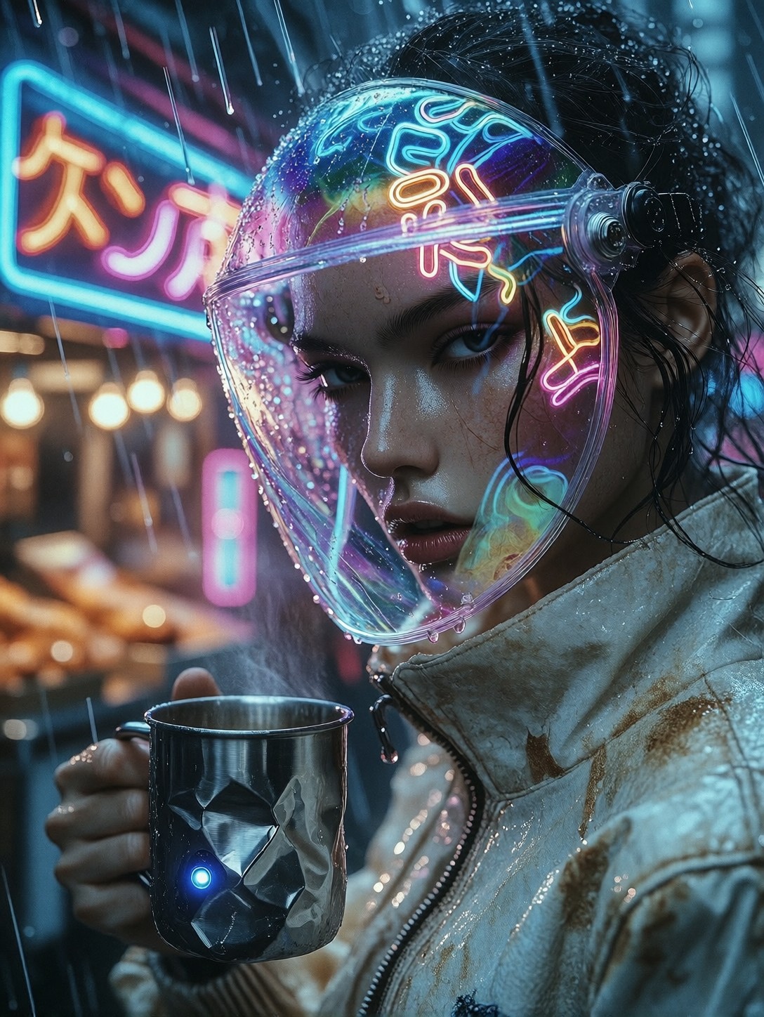 Rainy Neon Cyberpunk Portrait Closeup — AI generated image