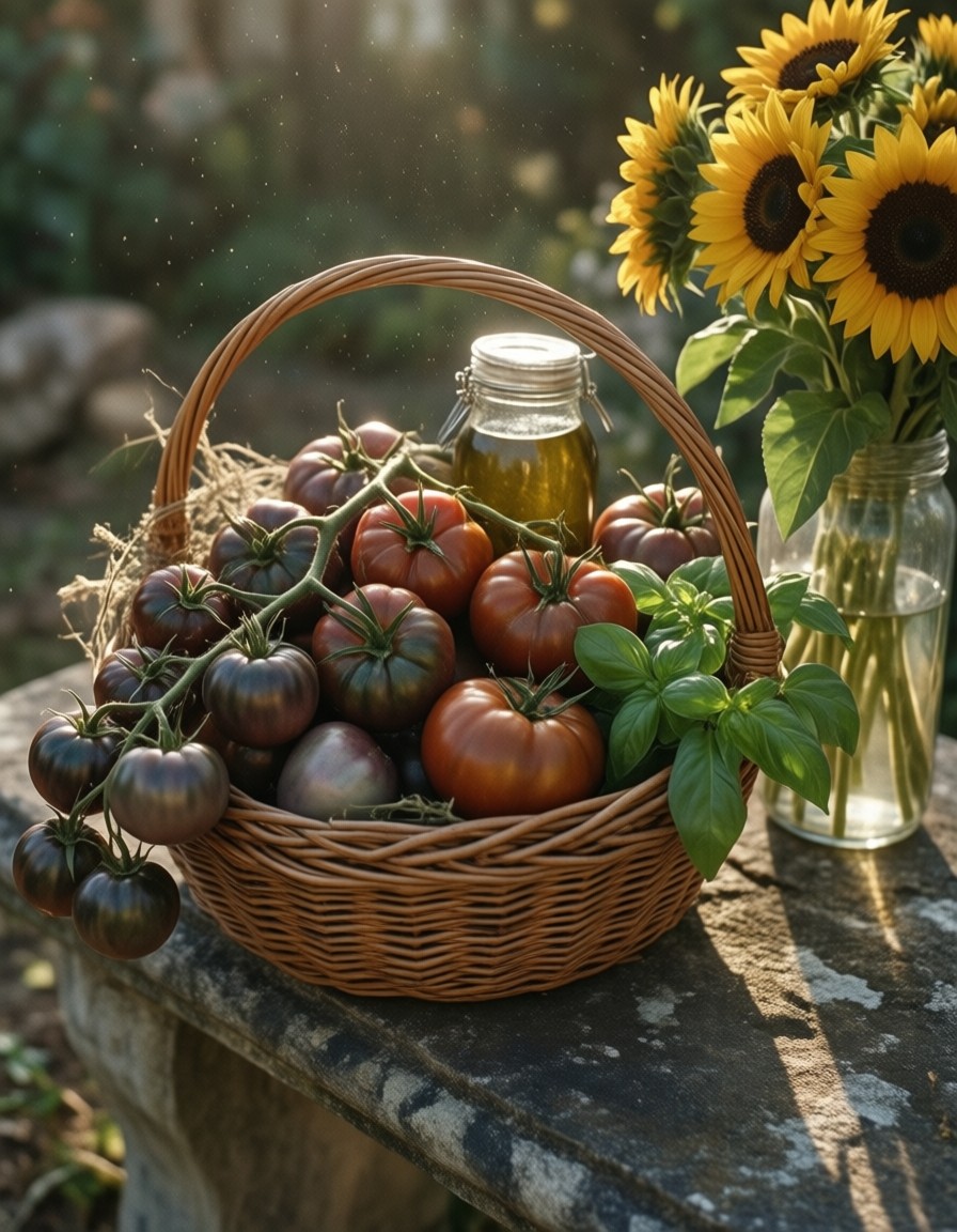 Heirloom Tomatoes on Sun-Drenched Bench — AI generated image