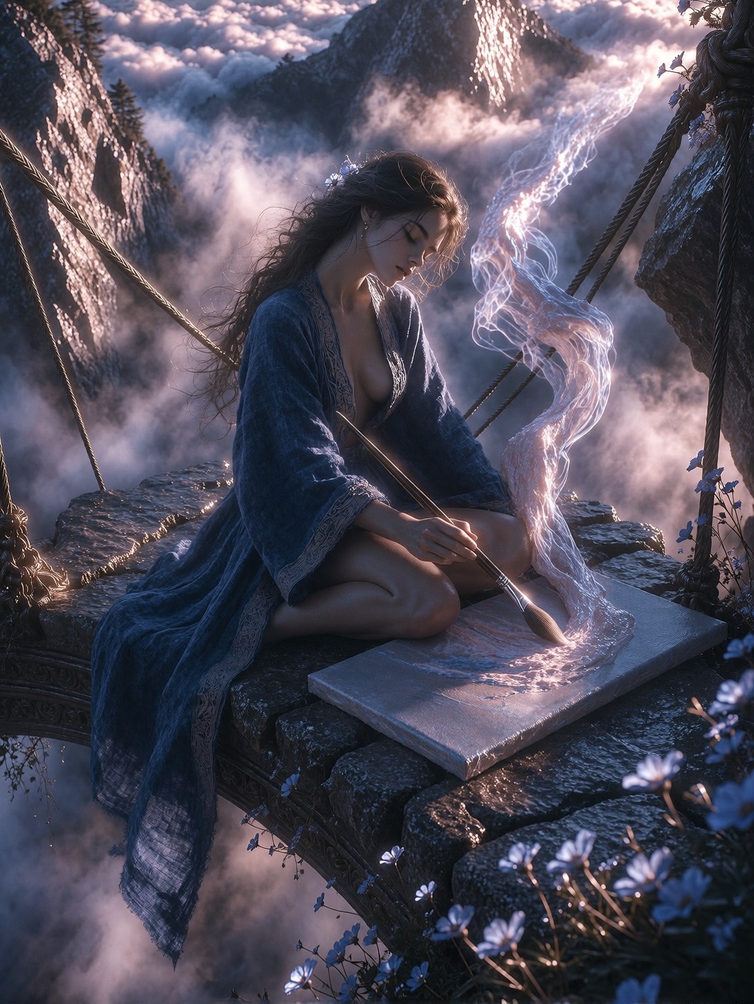 Painter On Floating Misty Bridge — AI generated image