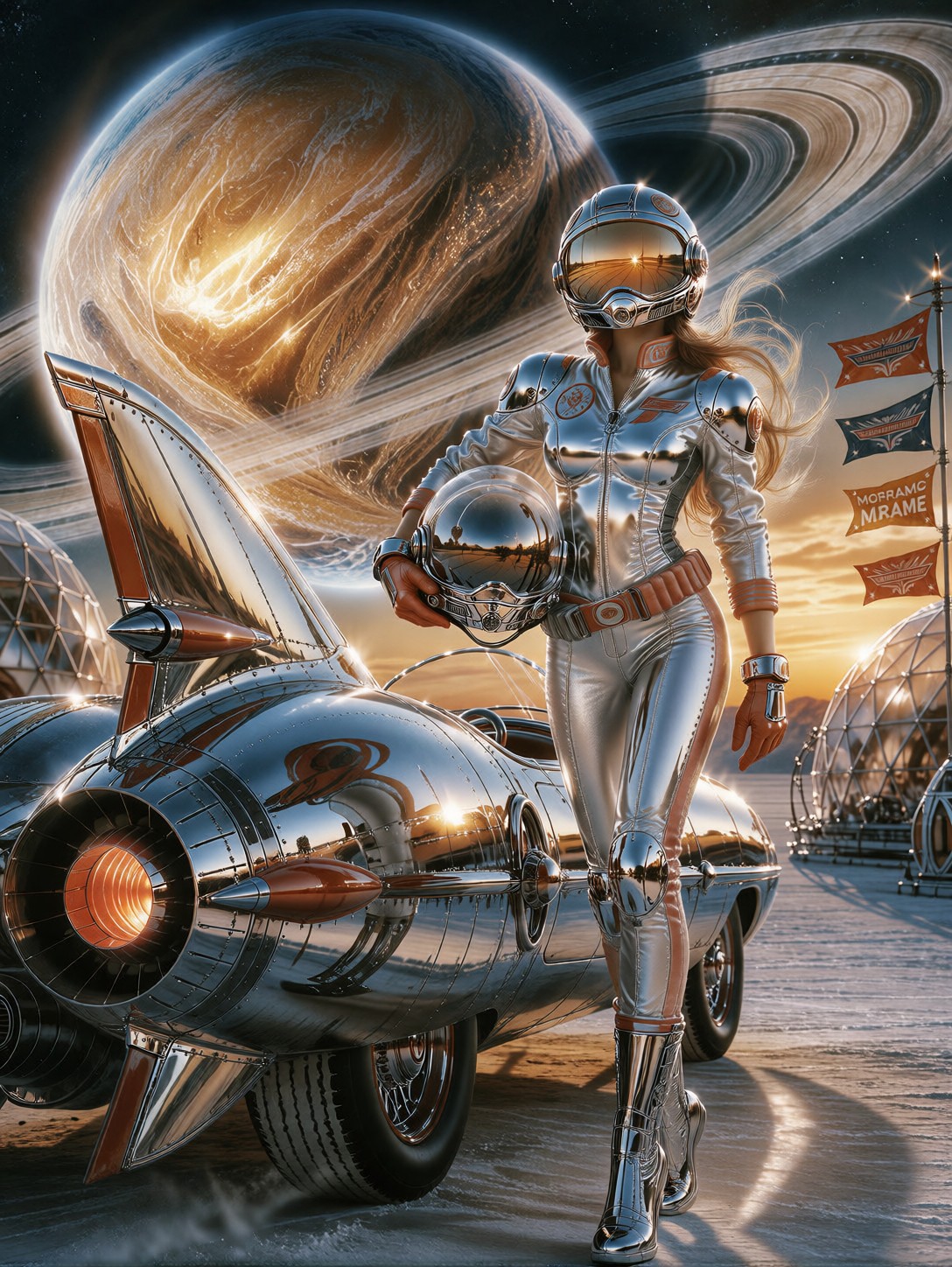 Retro Test Pilot Beside Rocket Car — AI generated image