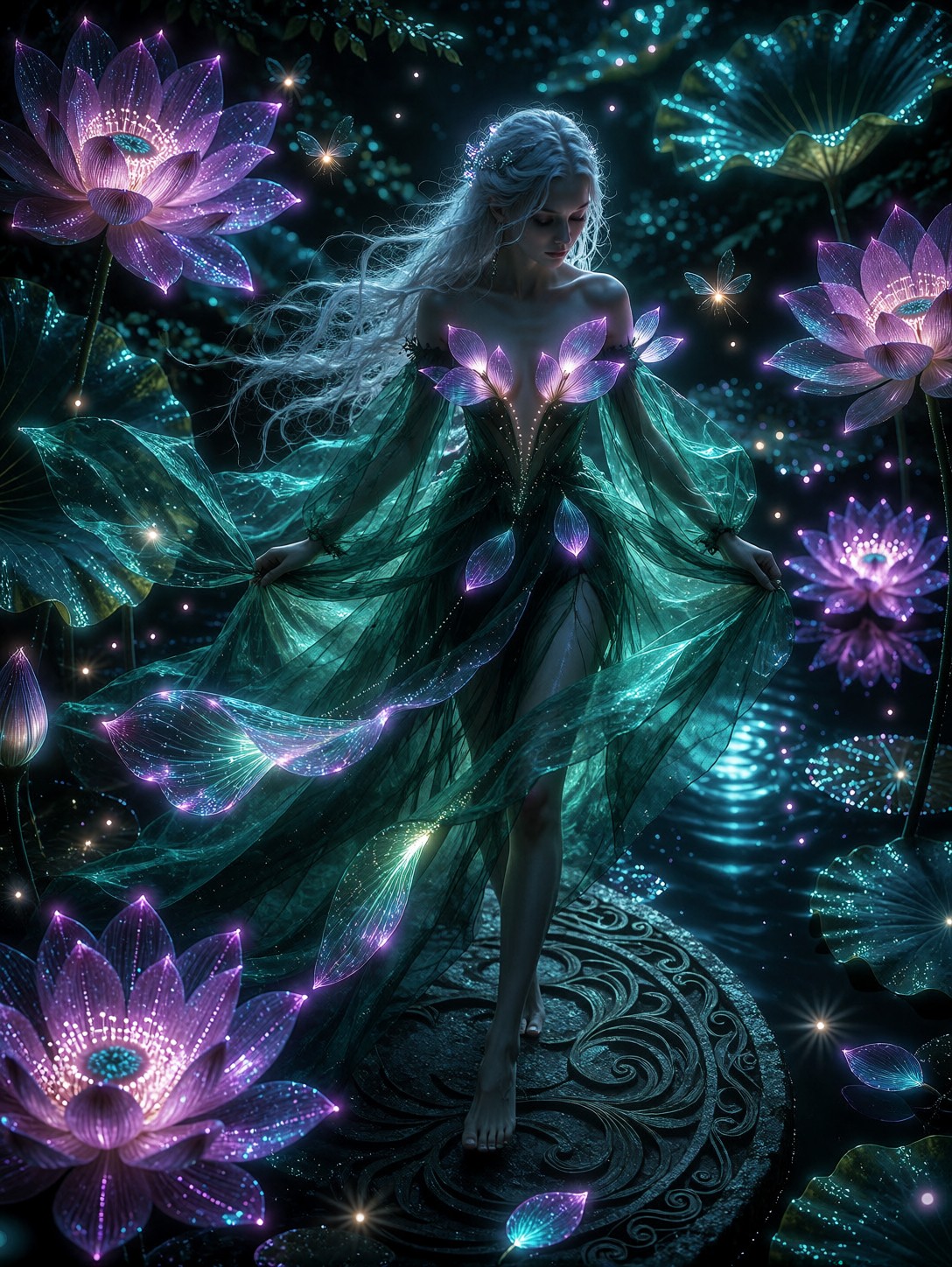 Ethereal Woman In Bioluminescent Enchanted Garden — AI generated image