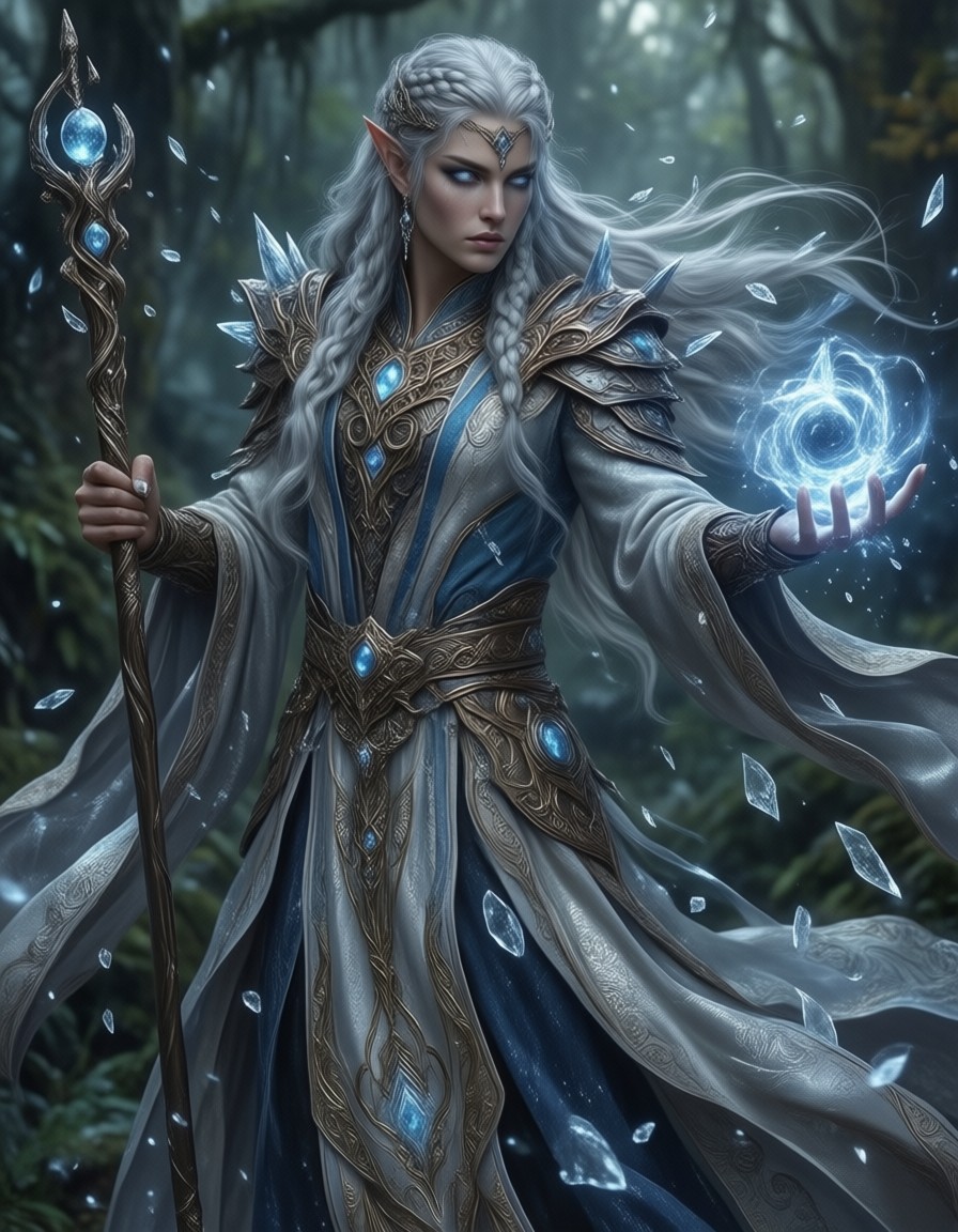 Elven Spellcaster in Mystical Forest — AI generated image