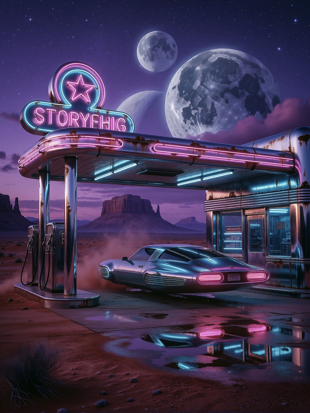 Retro Hover Car At Neon Gas Station — AI generated image