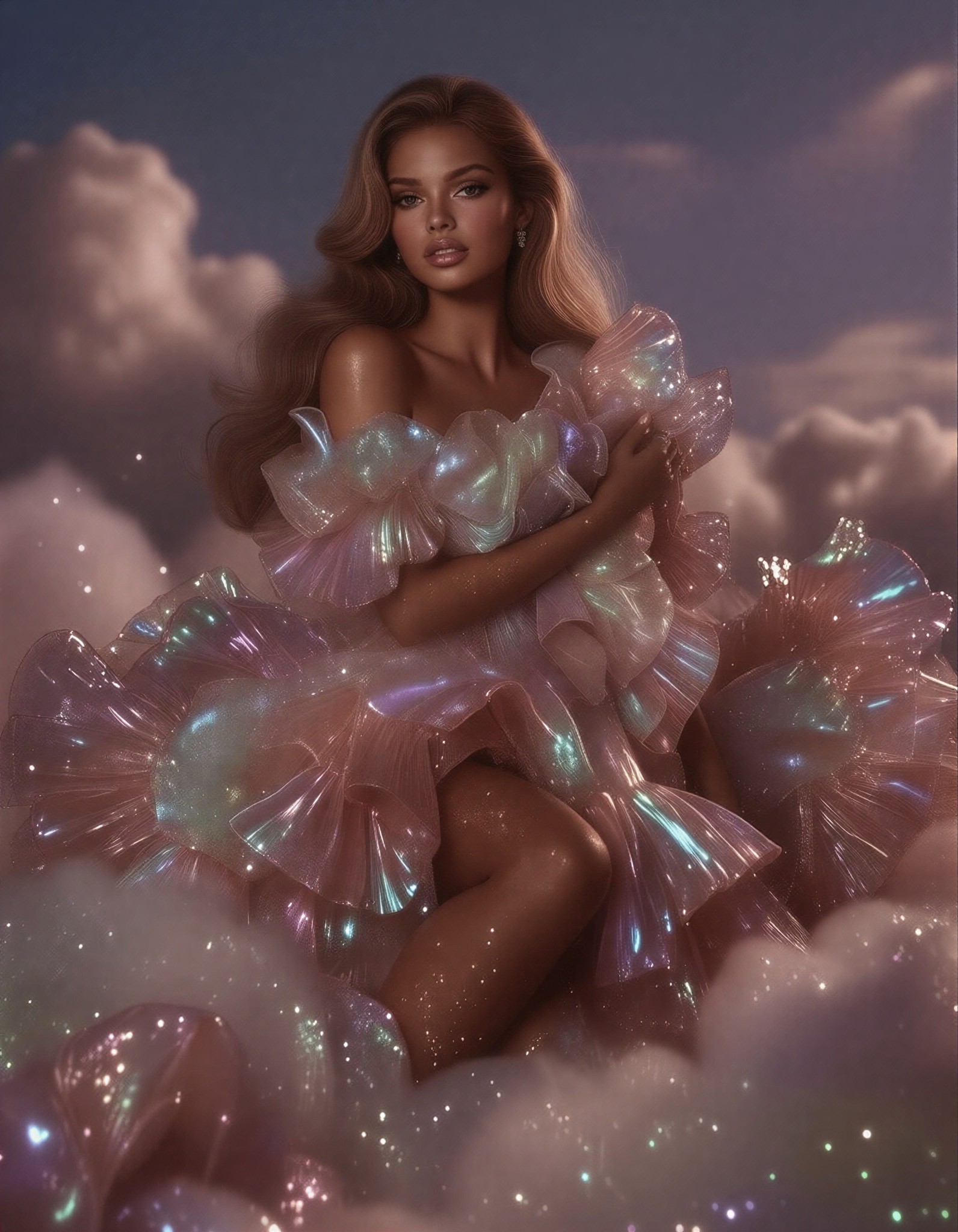 Woman Floating on Iridescent Clouds — AI generated image