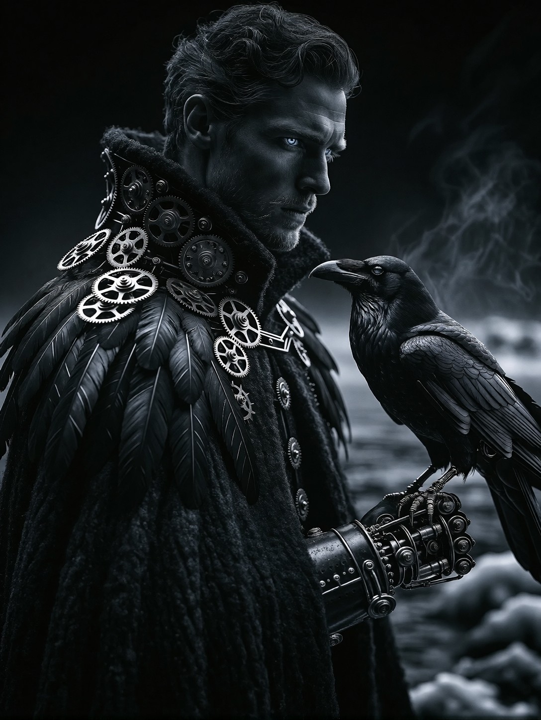 Monochrome Portrait Of Mechanical Raven Man — AI generated image