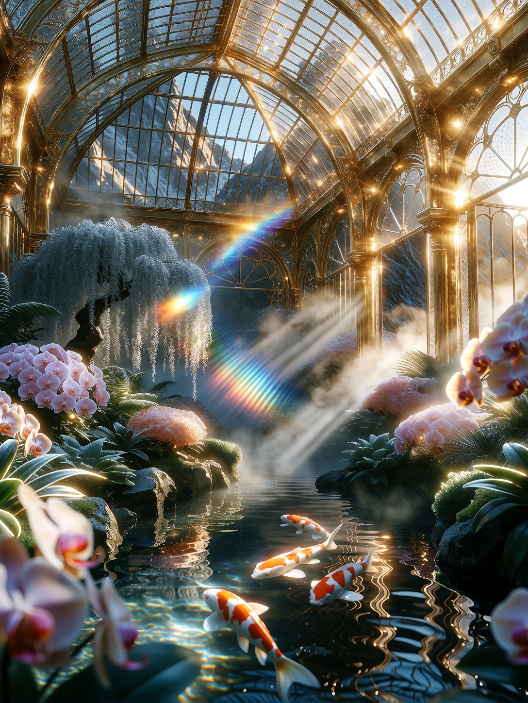 Golden Glass Greenhouse Palace At Mountain Sunrise — AI generated image
