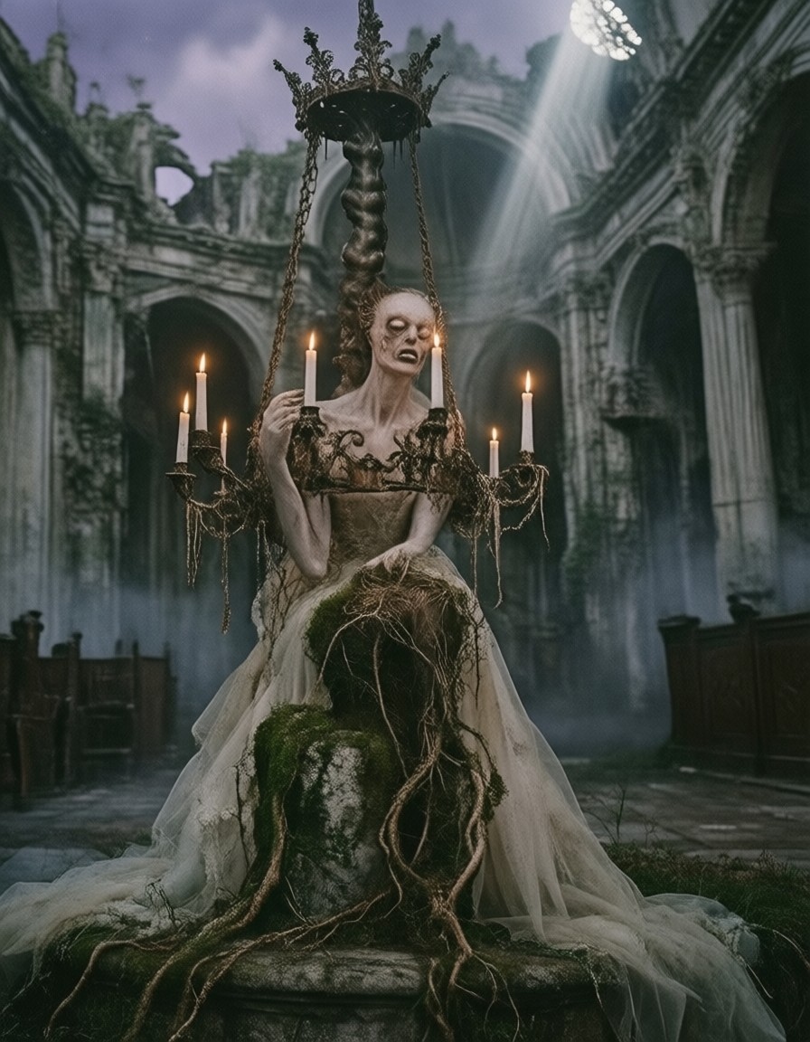 Pale Figure in Desolate Cathedral — AI generated image