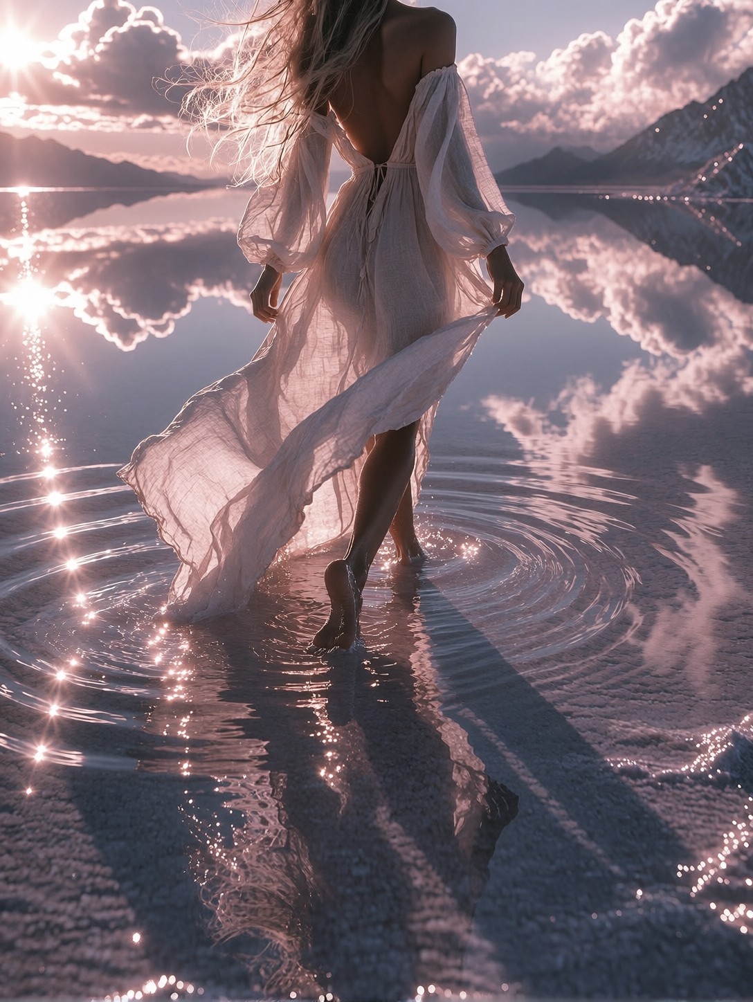 Ethereal Woman Wading On Infinite Mirrored Salt Flat — AI generated image