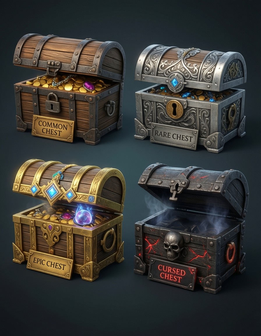 Four Game Treasure Chests — AI generated image