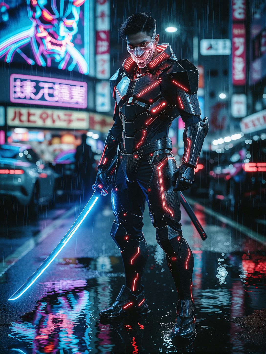 Cyberpunk Warrior With Glowing Blue Katana — AI generated image