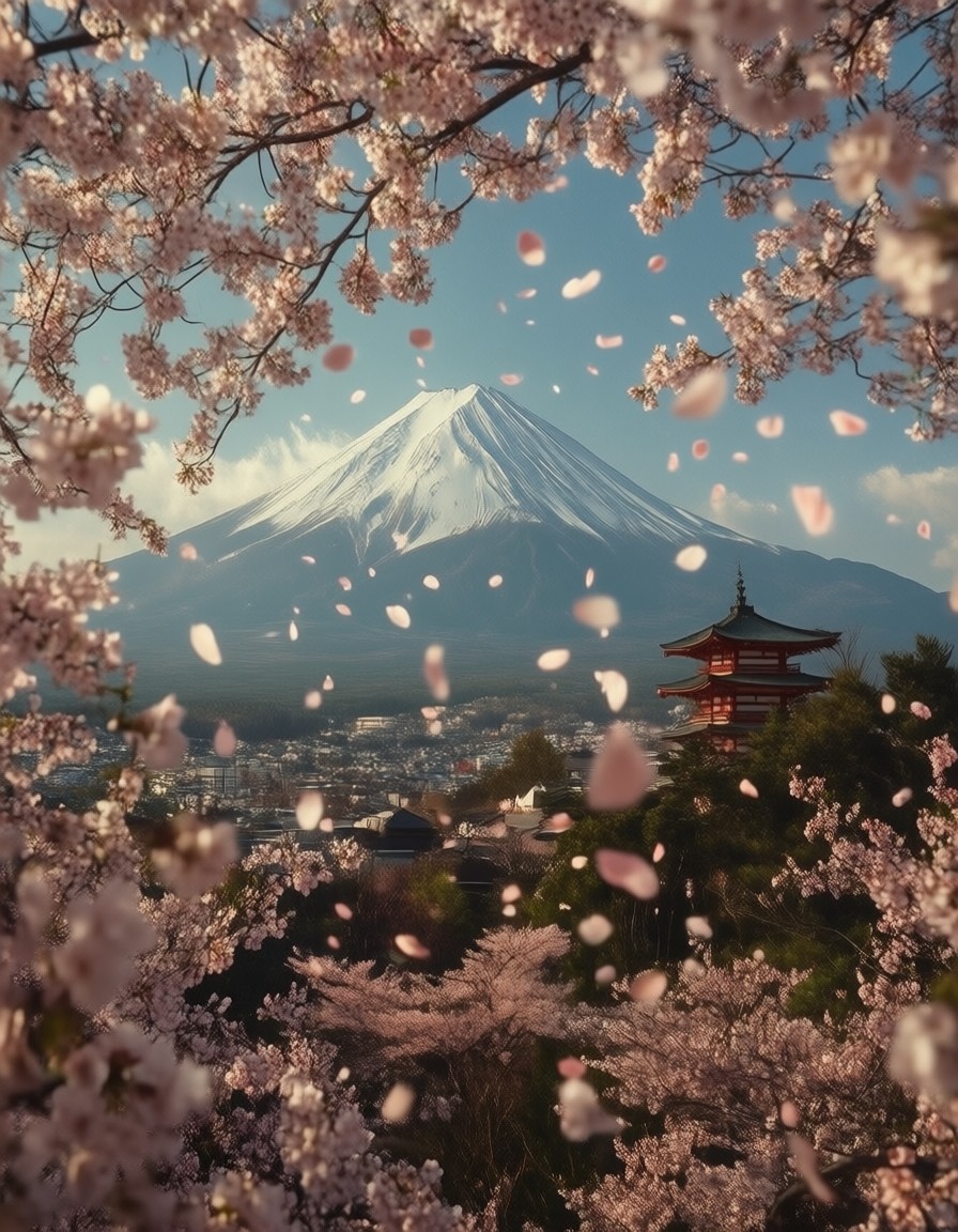 Mount Fuji with Cherry Blossoms and Pagoda — AI generated image