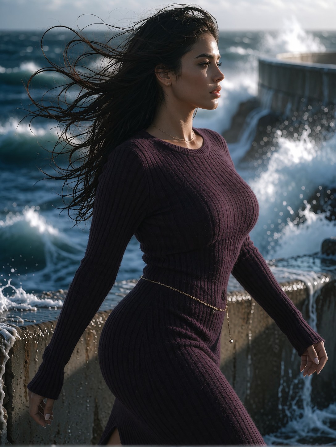 Confident Woman Walking Coastal Promenade — AI generated image