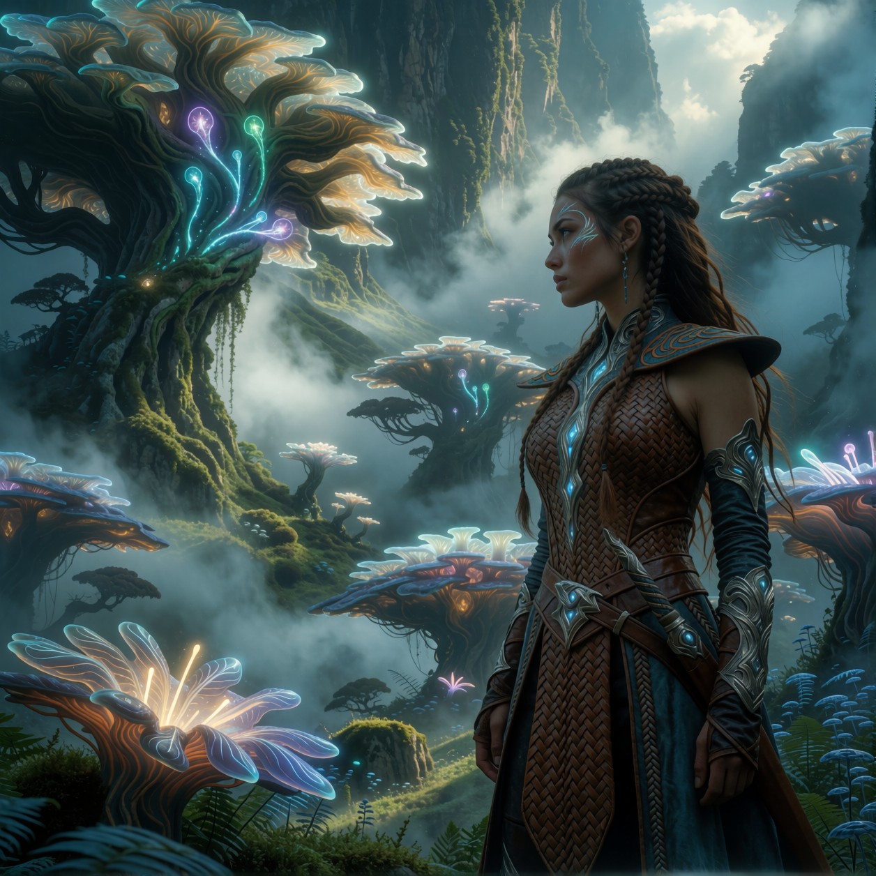 Solitary Spellcaster Gazing Misty Valley — AI generated image