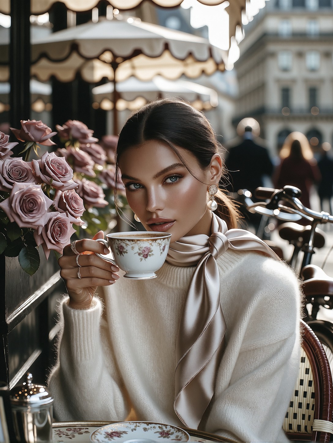Elegant Woman Holding Coffee Cup In Paris — AI generated image