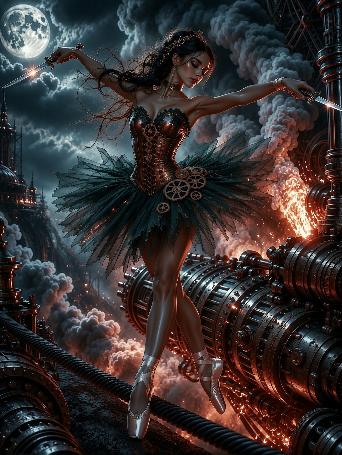 Warrior Ballerina Leaping Across Rusted Cables — AI generated image