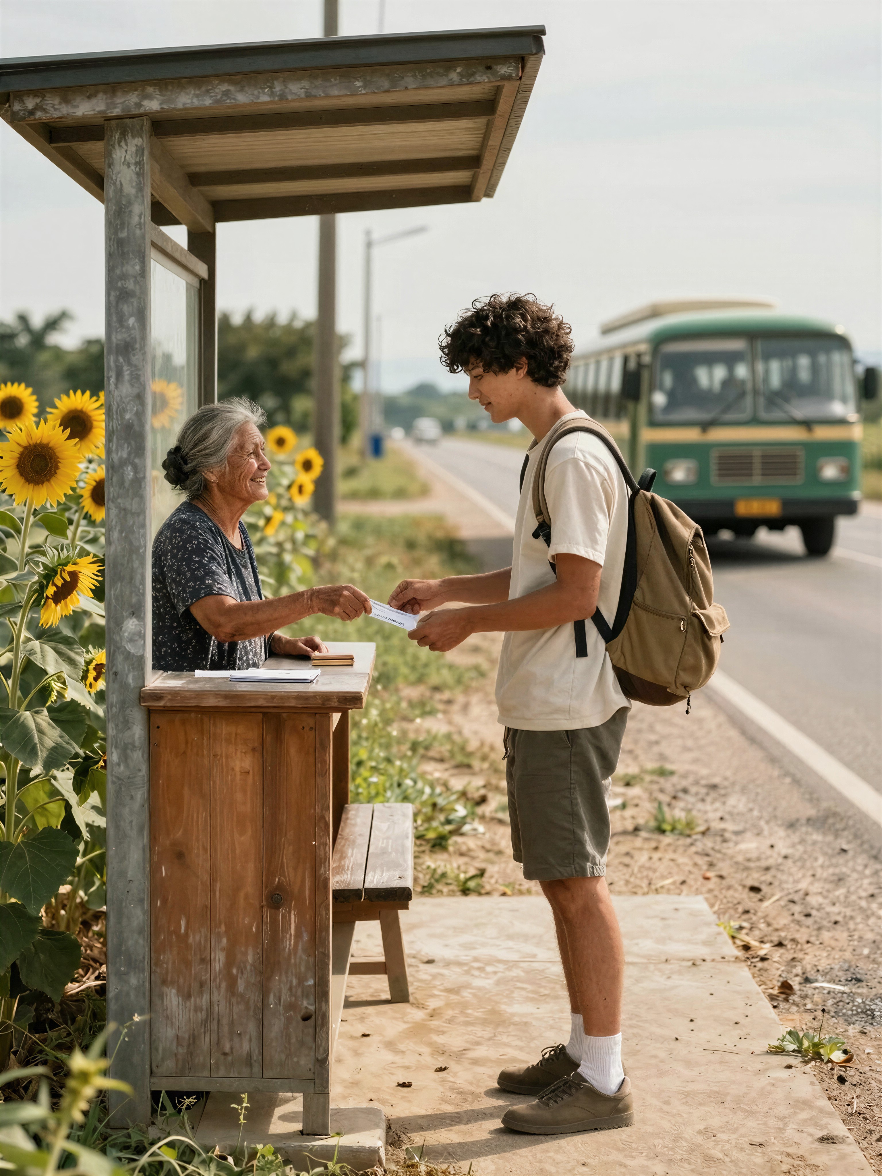 Nostalgic Rural Bus Stop — AI generated image