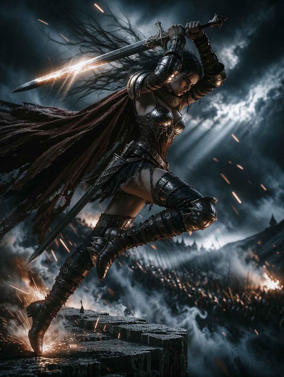 Dark Fantasy Warrior Leaping Into Battle — AI generated image