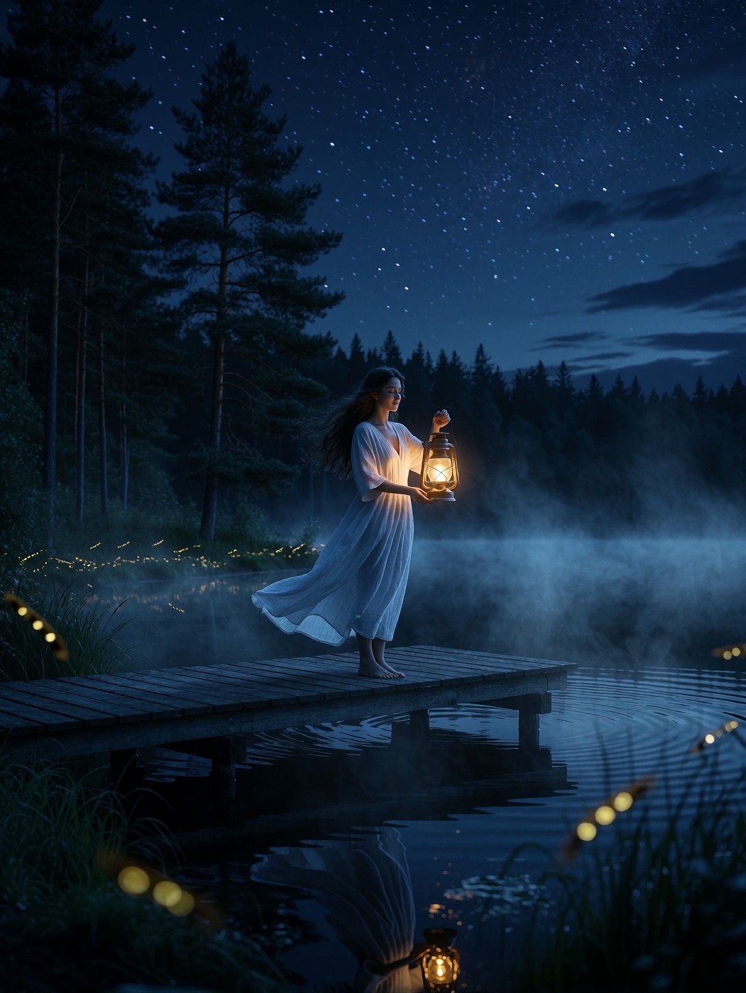 Serene Woman With Glowing Lantern On Pier — AI generated image