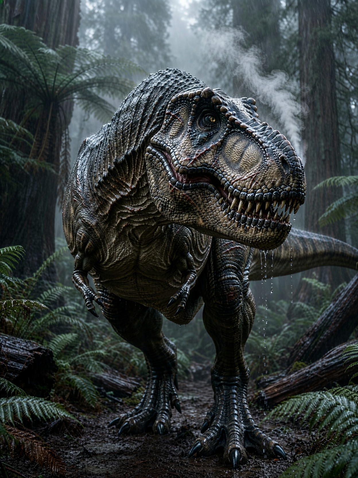 Tyrannosaurus Rex Walking Through Heavy Rain — AI generated image