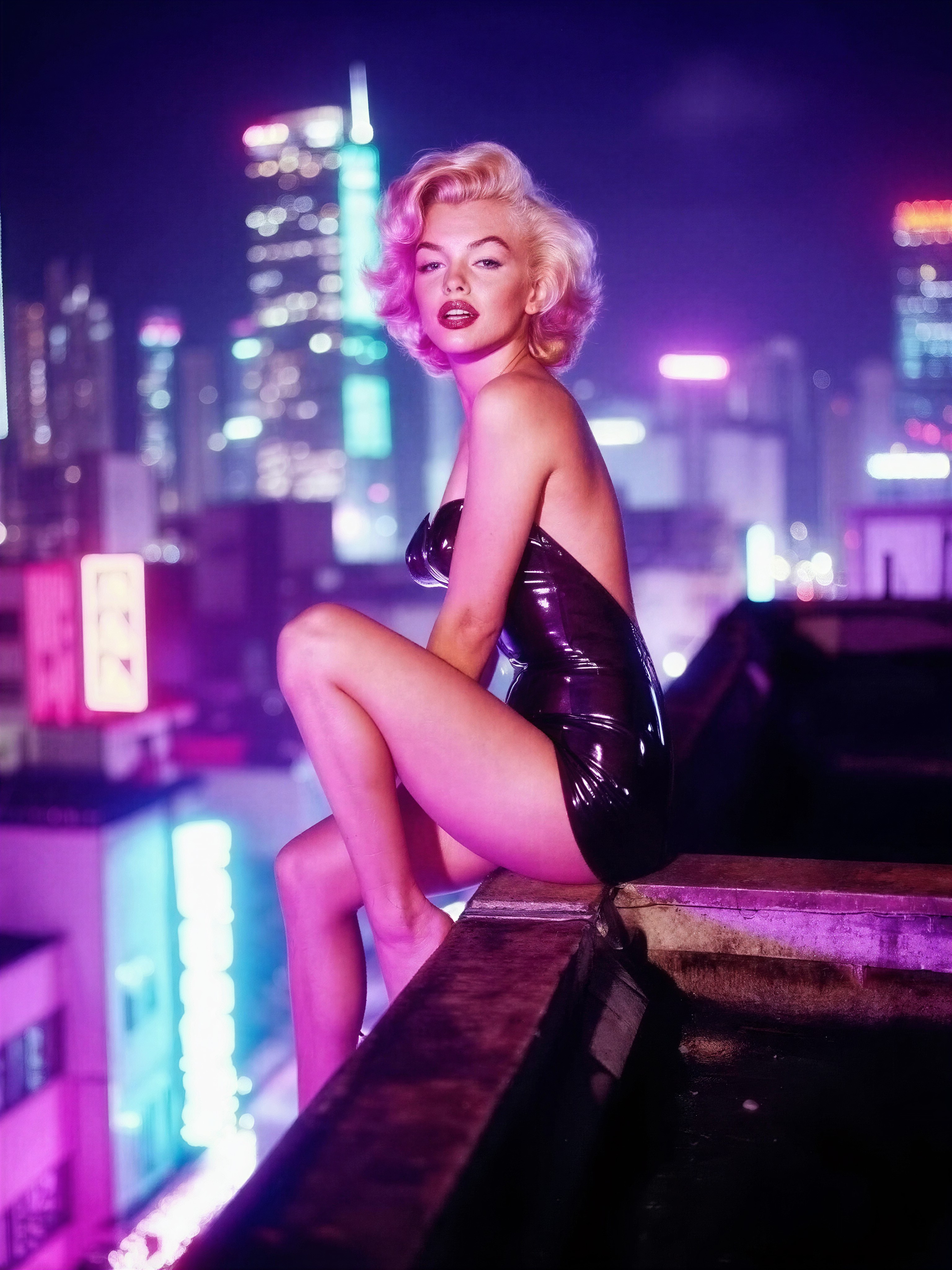 Marilyn Monroe on Neon-Lit Rooftop — AI generated image