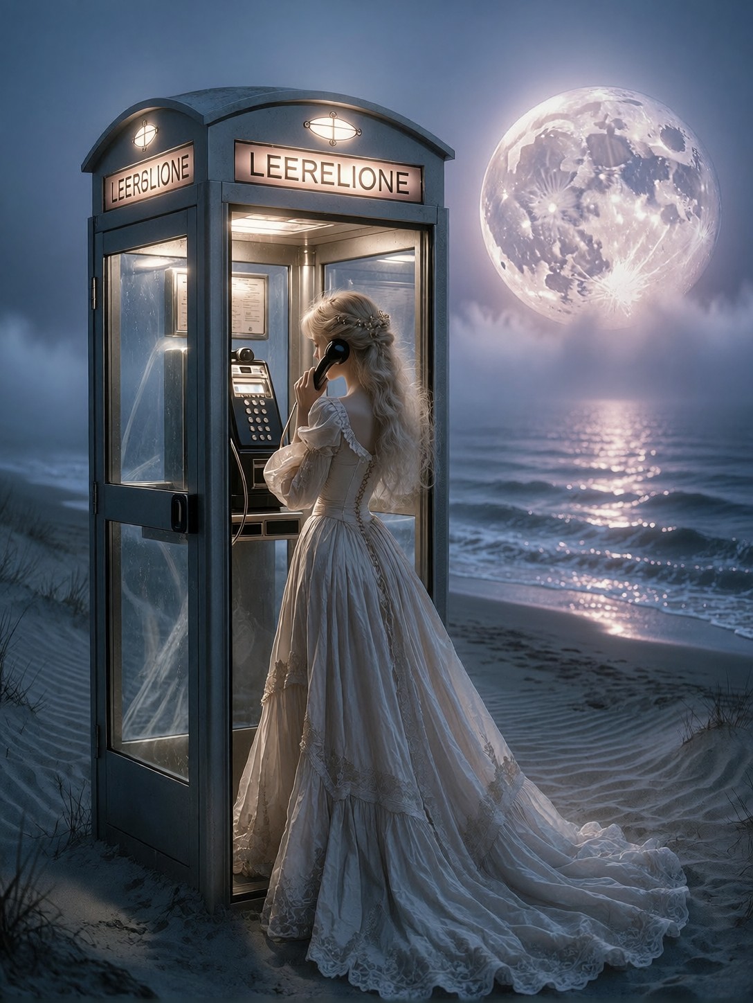 Woman In Glowing Phone Booth On Misty Beach — AI generated image