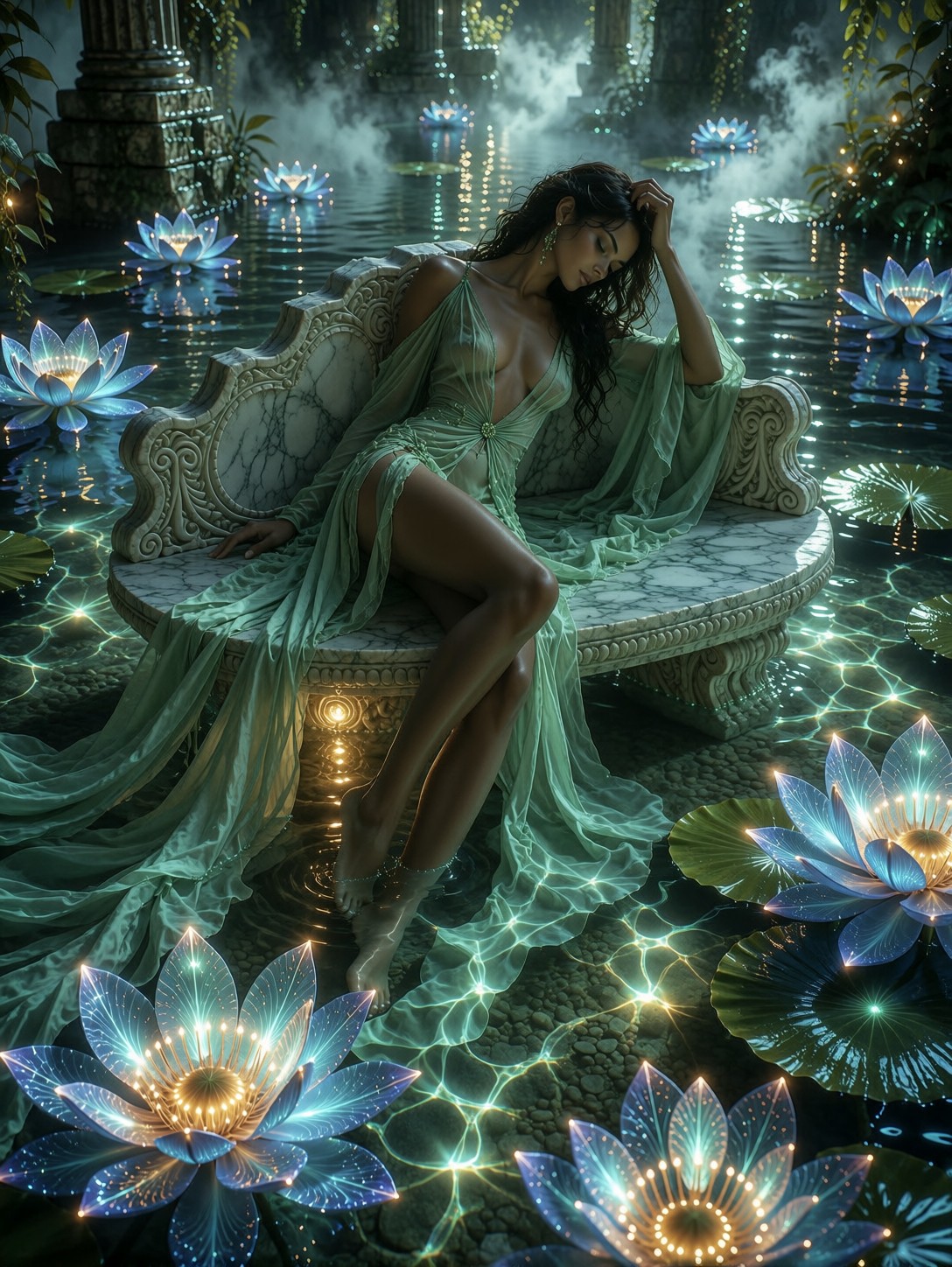 Emerald Gown on Glowing Lagoon — AI generated image