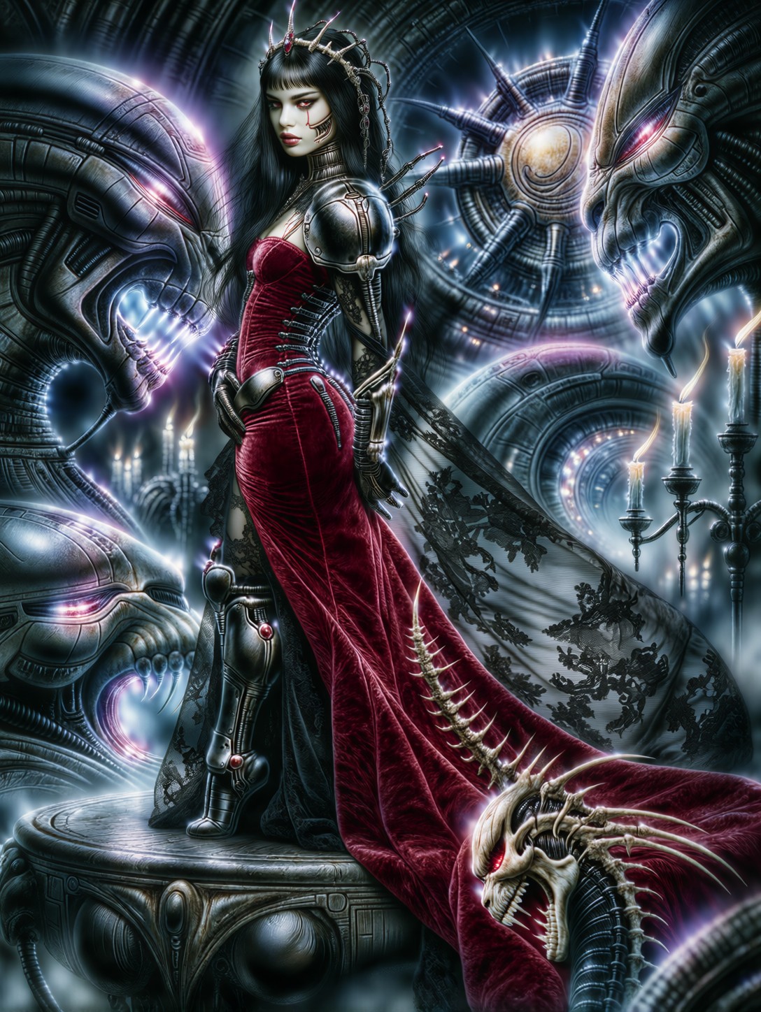 Gothic Biomechanical Sovereign In Crimson Gown — AI generated image