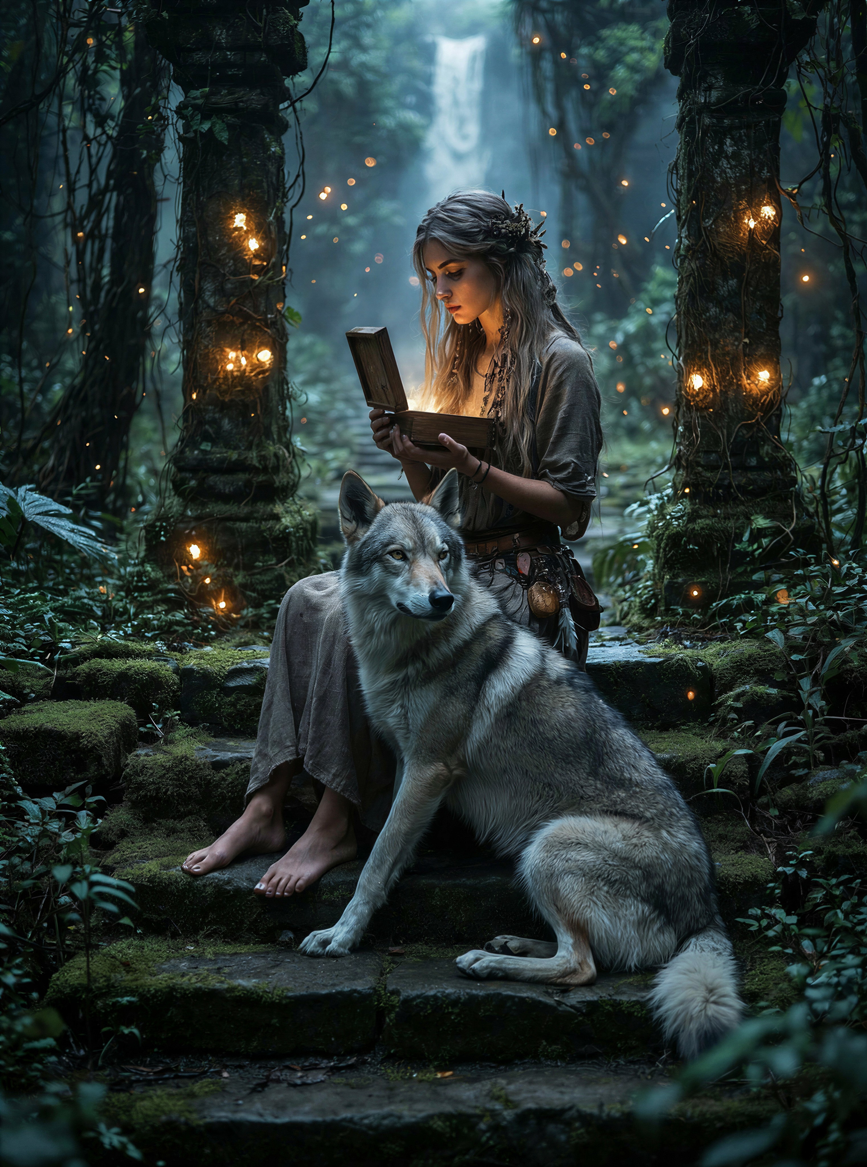 Woman with Wolf at Ancient Temple — AI generated image