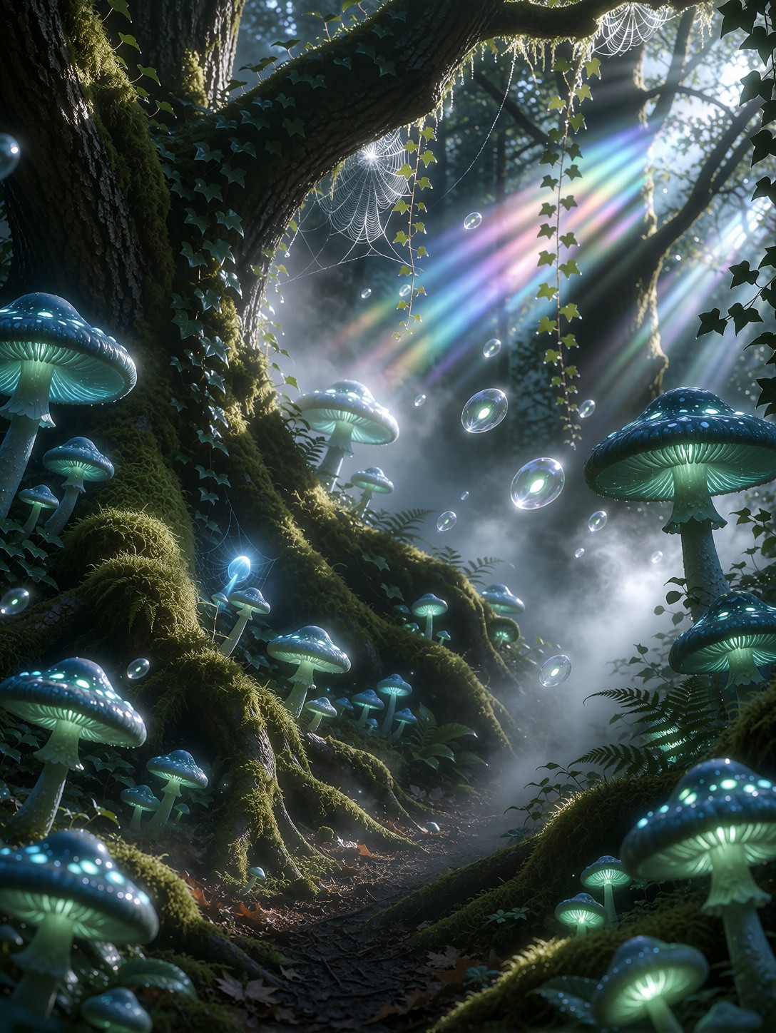 Ancient Forest Path Illuminated By Glowing Mushrooms — AI generated image