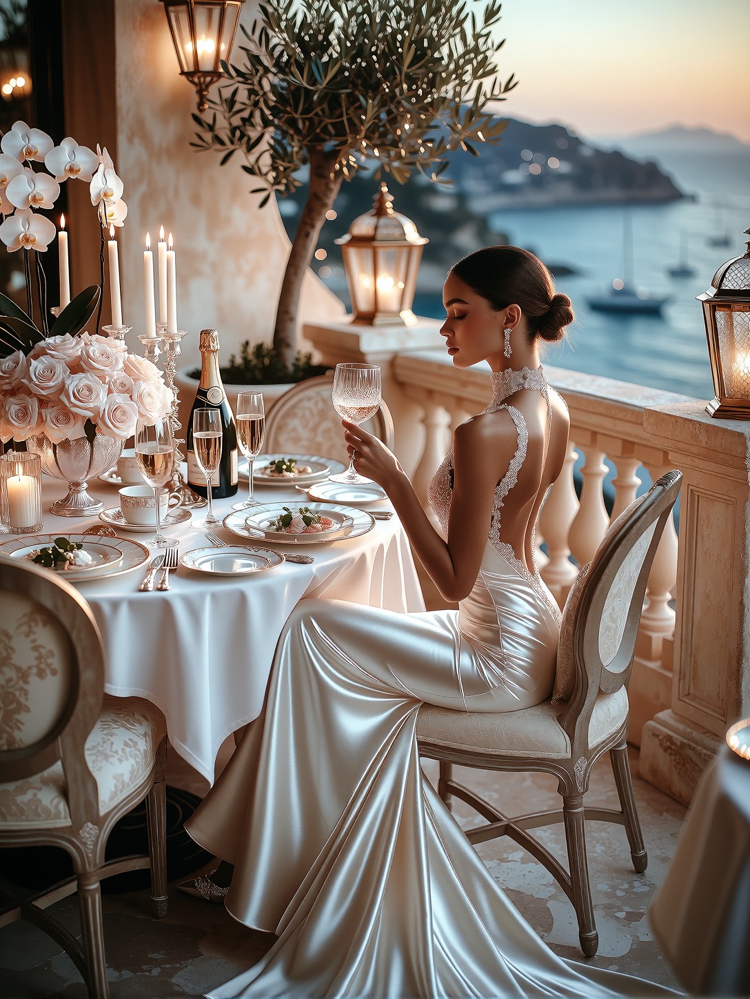 Elegant Woman Dining On Luxury Terrace — AI generated image