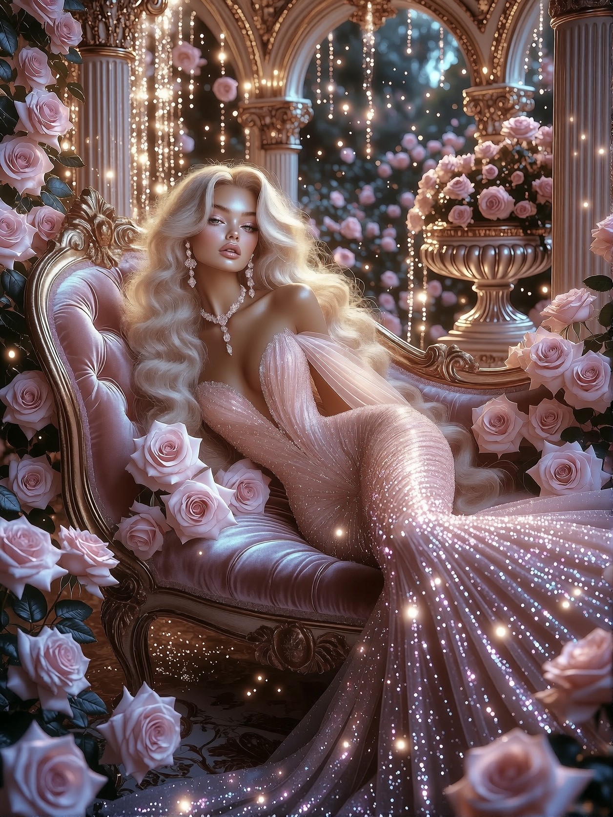 Glamorous Fantasy Beauty in Rose-Lit Palace — AI generated image