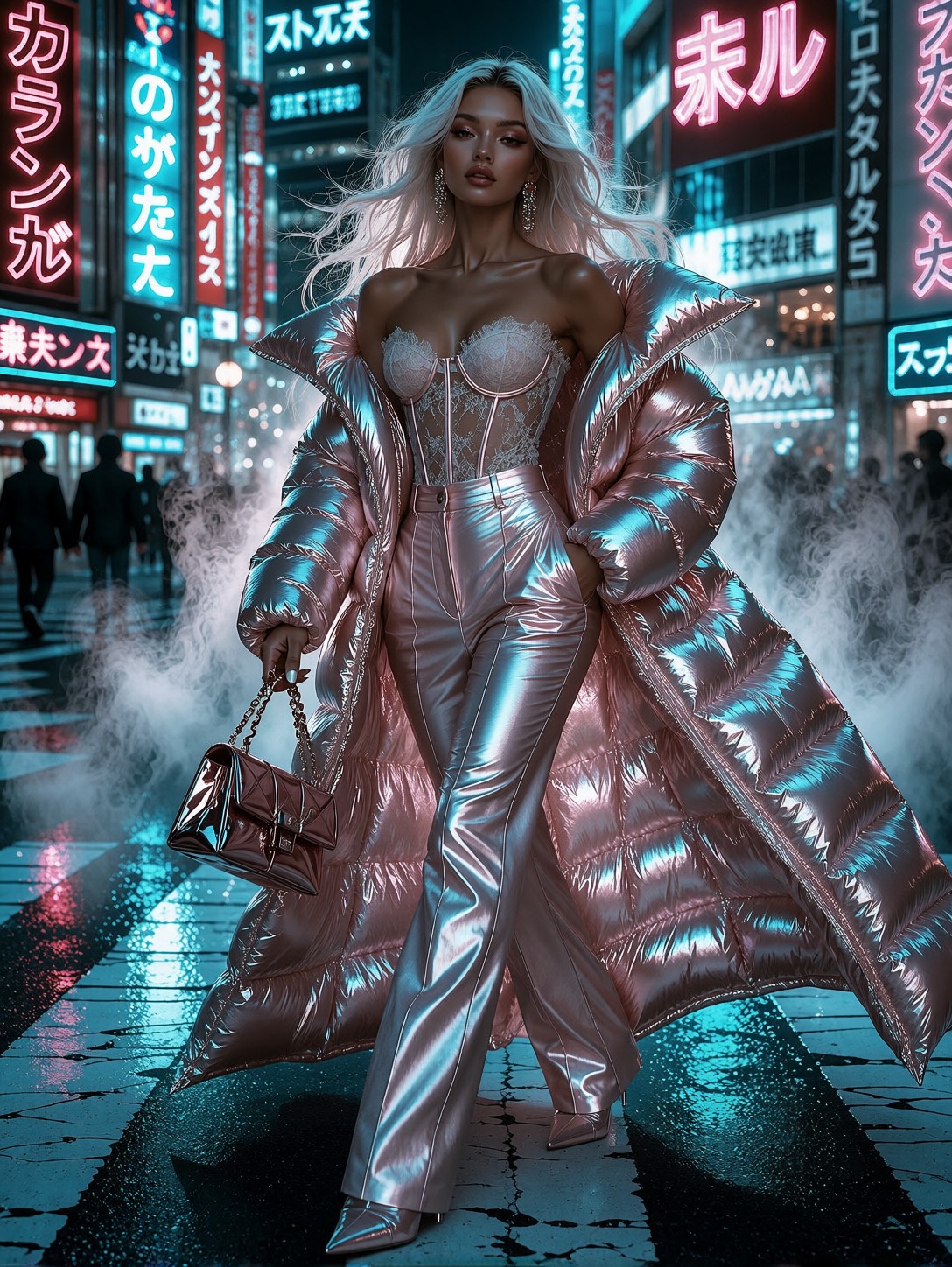 Fashion Influencer Walking Neon Tokyo Streets — AI generated image