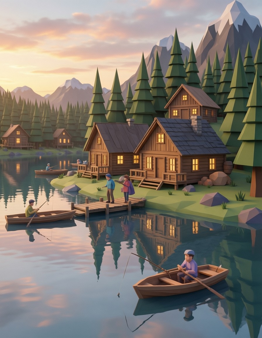 Tranquil Low-Poly Lakeside Village — AI generated image