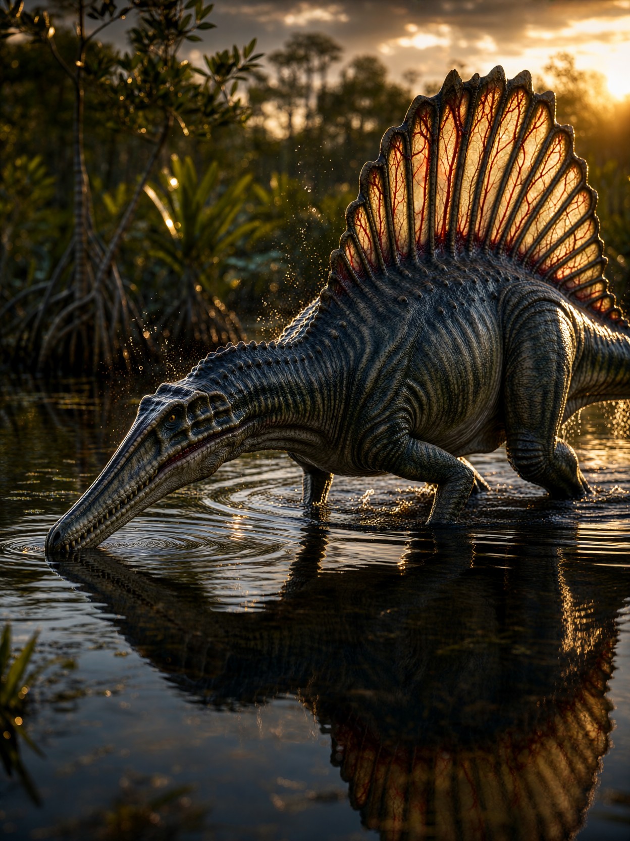 Spinosaurus Wading In Prehistoric Swamp — AI generated image