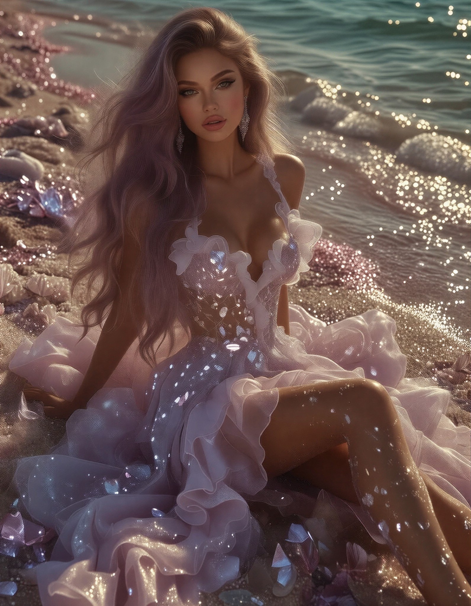 Ethereal Beach with Sparkling Crystals and Violet-Haired Woman — AI generated image