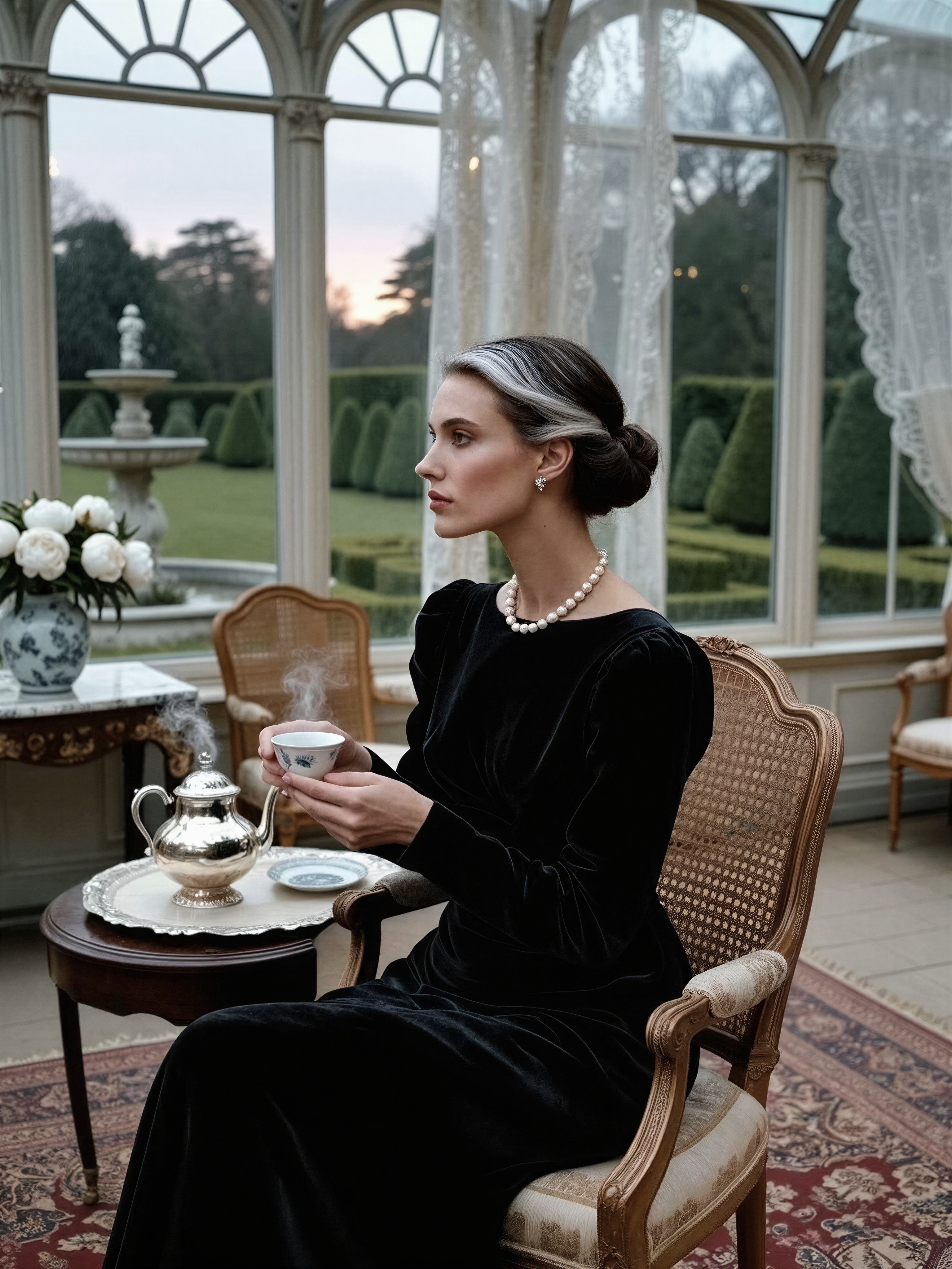 Elegant Woman in Twilight Conservatory — AI generated image