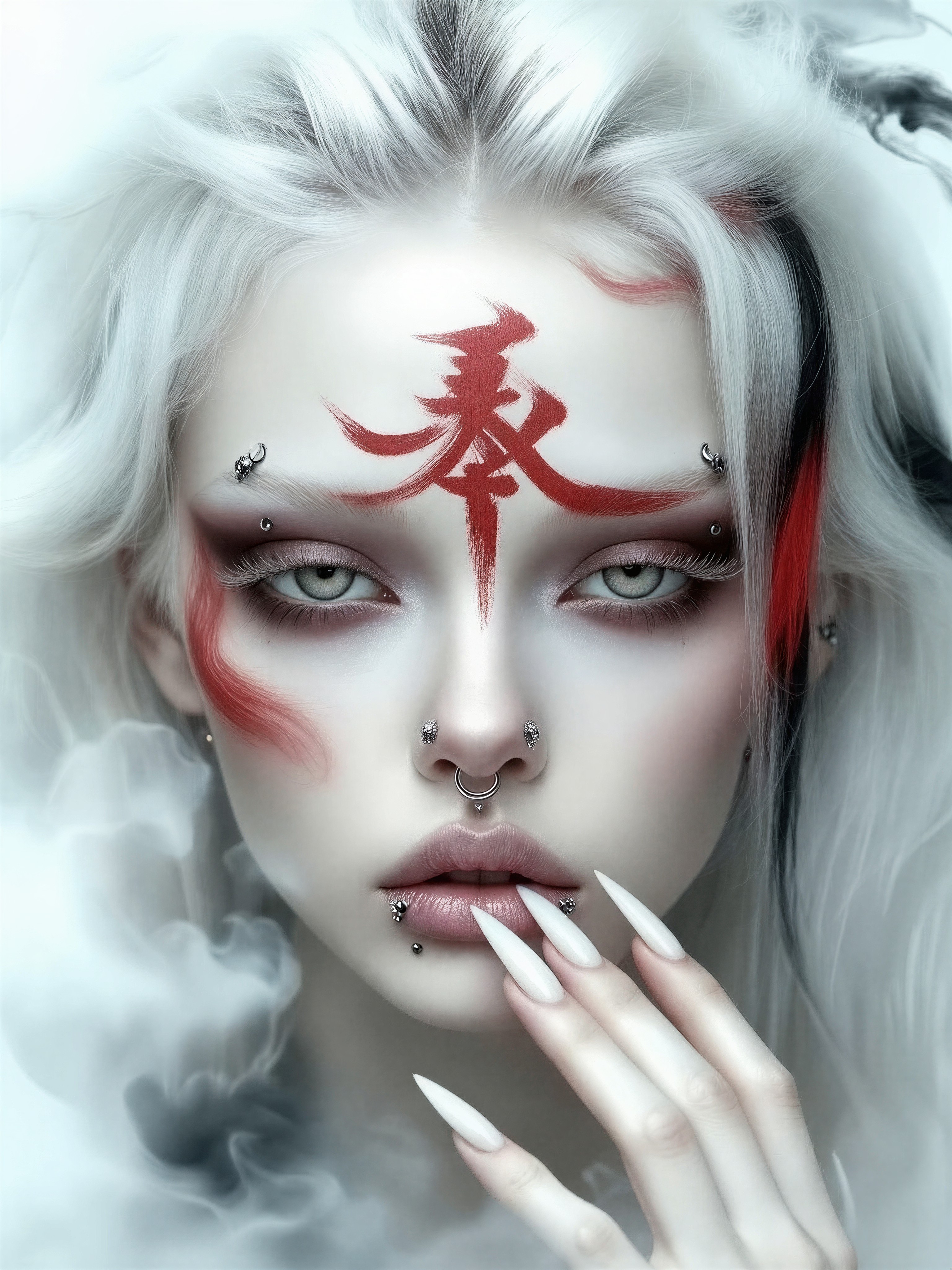 Ethereal Albino Figure with Crimson Calligraphy — AI generated image