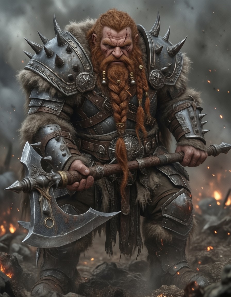Dwarven Berserker in Spiked Armor with Dual Axe — AI generated image