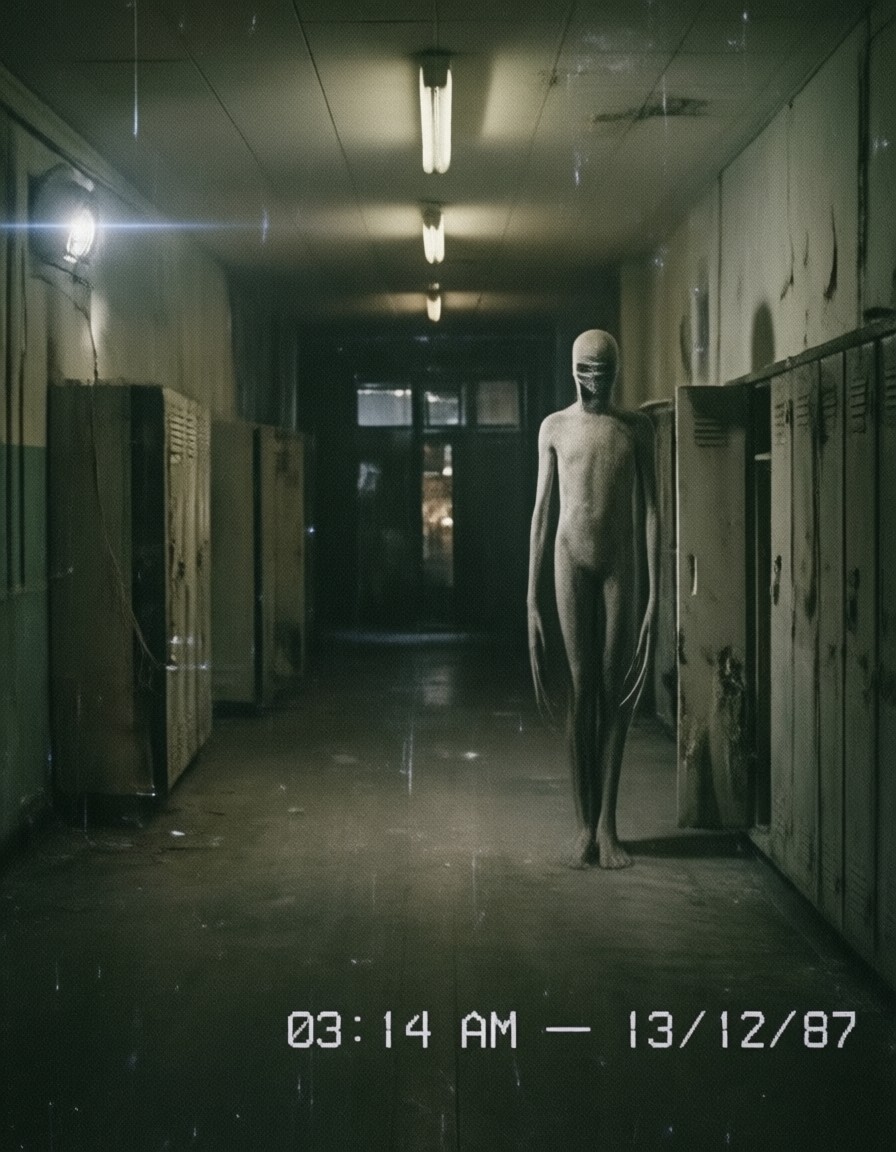 Abandoned Hallway Surveillance Figure — AI generated image